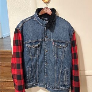 Levi's Denim Sherpa lined Jacket with Red and Black Plaid Sleeves